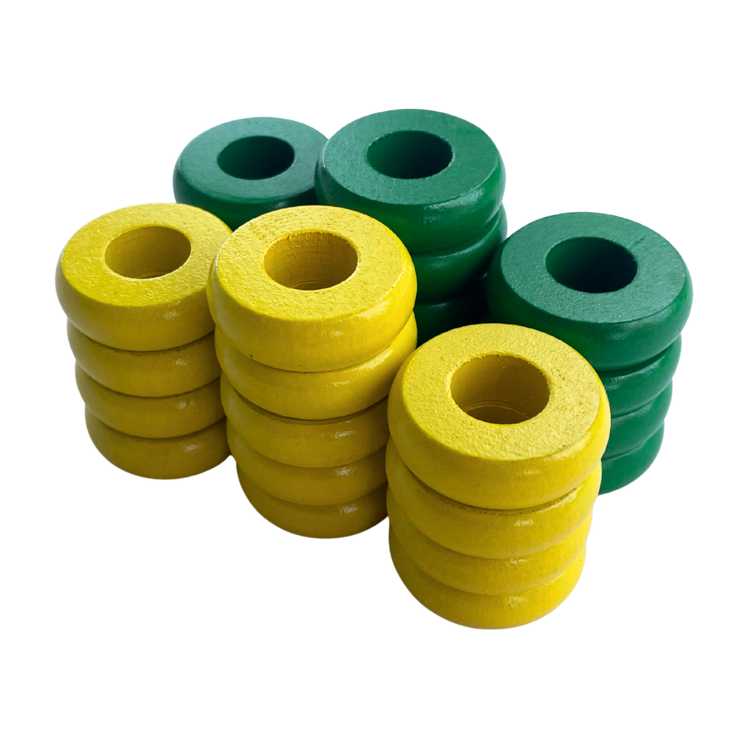 32 Green and Yellow Carrom / Pichenotte Rings - (Green / Yellow / Natural / Black / White) - Anneaux De Pichenottes - Game Accessories / Accessoires De Jeu