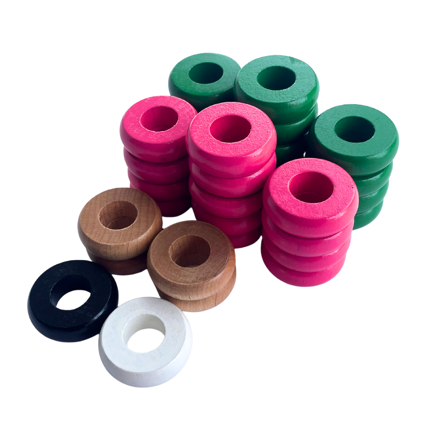 32 Green and Pink Carrom / Pichenotte Rings - (Green / Pink / Natural / Black / White) - Anneaux De Pichenottes - Game Accessories / Accessoires De Jeu