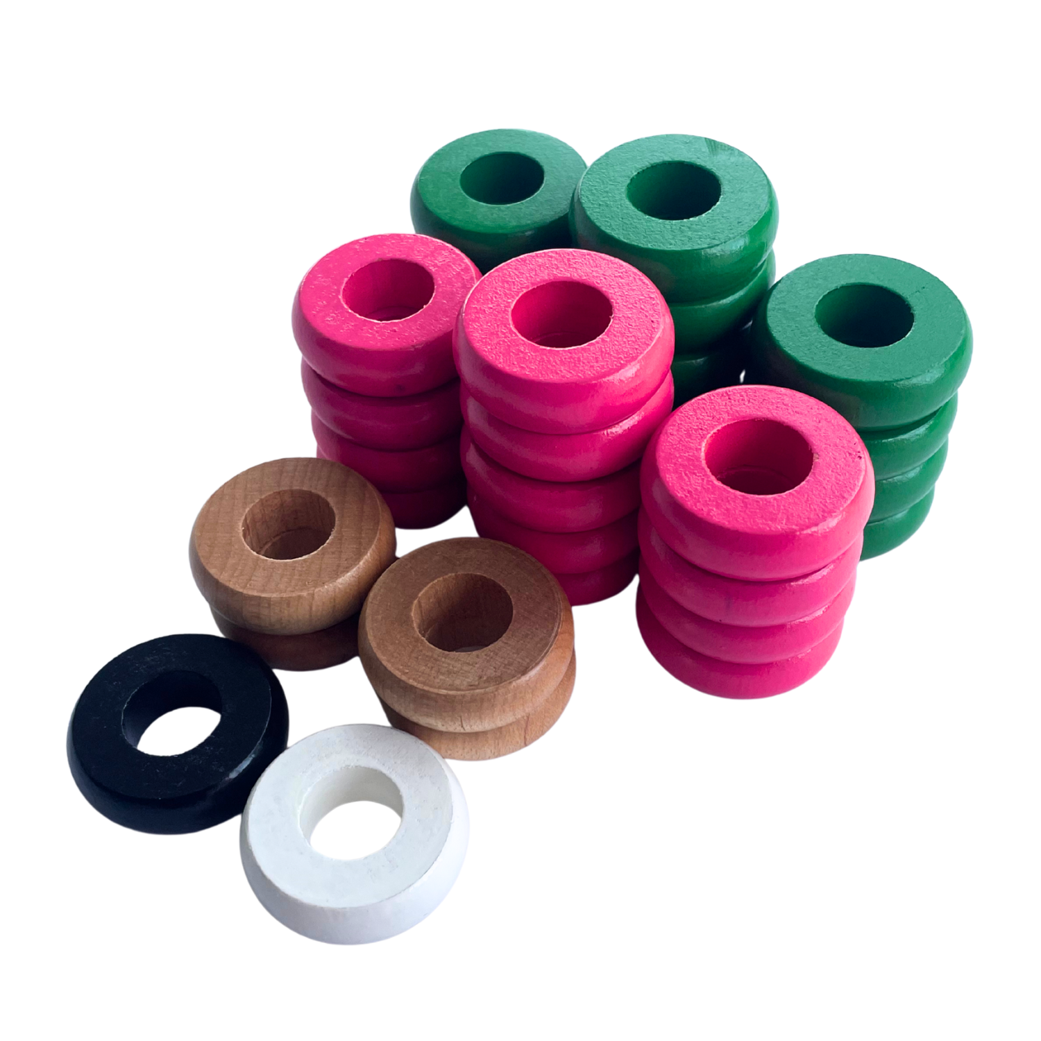 32 Green and Pink Carrom / Pichenotte Rings - (Green / Pink / Natural / Black / White) - Anneaux De Pichenottes - Game Accessories / Accessoires De Jeu - Carrom Canada