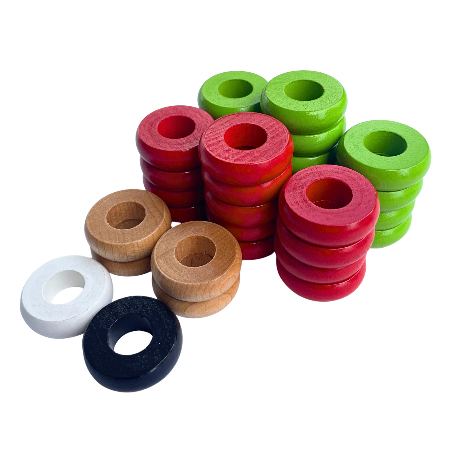 32 Red and Lime Green Carrom / Pichenotte Rings - (Red / Lime Green / Natural / Black / White) - Anneaux De Pichenottes - Game Accessories / Accessoires De Jeu
