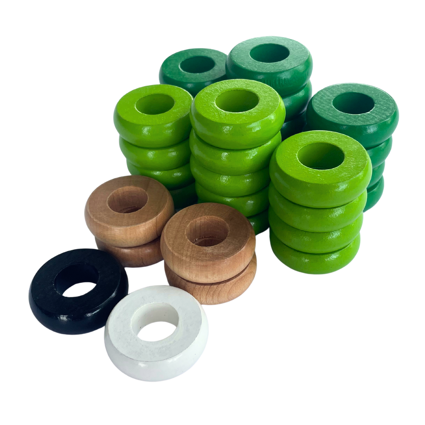 32 Green and Lime Green Carrom / Pichenotte Rings - (Green / Lime Green / Natural / Black / White) - Anneaux De Pichenottes - Game Accessories / Accessoires De Jeu