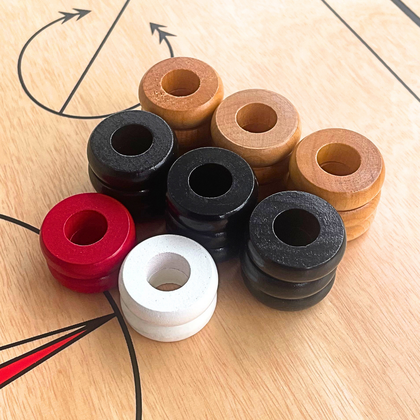 30 Traditional Carrom Board Game Coins (13 Black Coins / 13 Natural Coins / 2 Red Queens / 2 White Strikers)