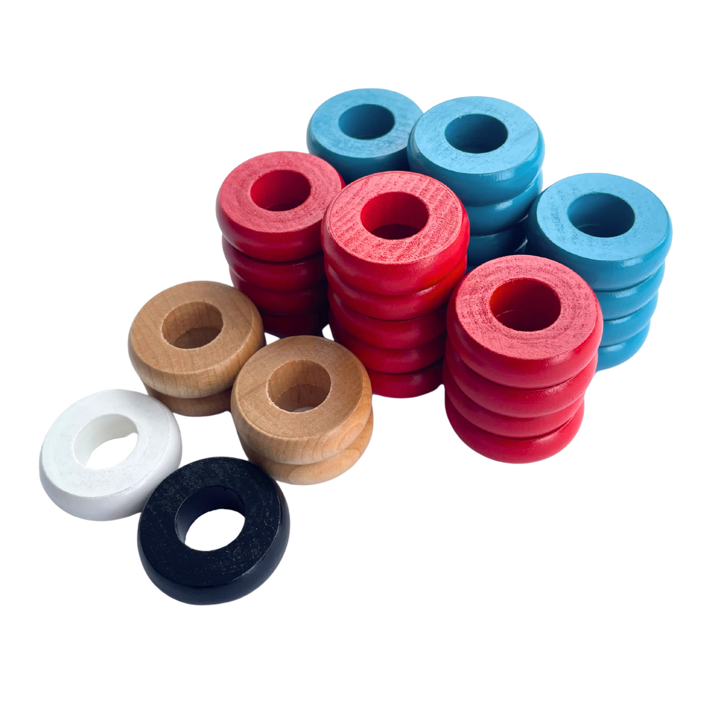 32 Red and Light Blue Carrom / Pichenotte Rings - (Red / Light Blue / Natural / Black / White) - Anneaux De Pichenottes - Game Accessories / Accessoires De Jeu