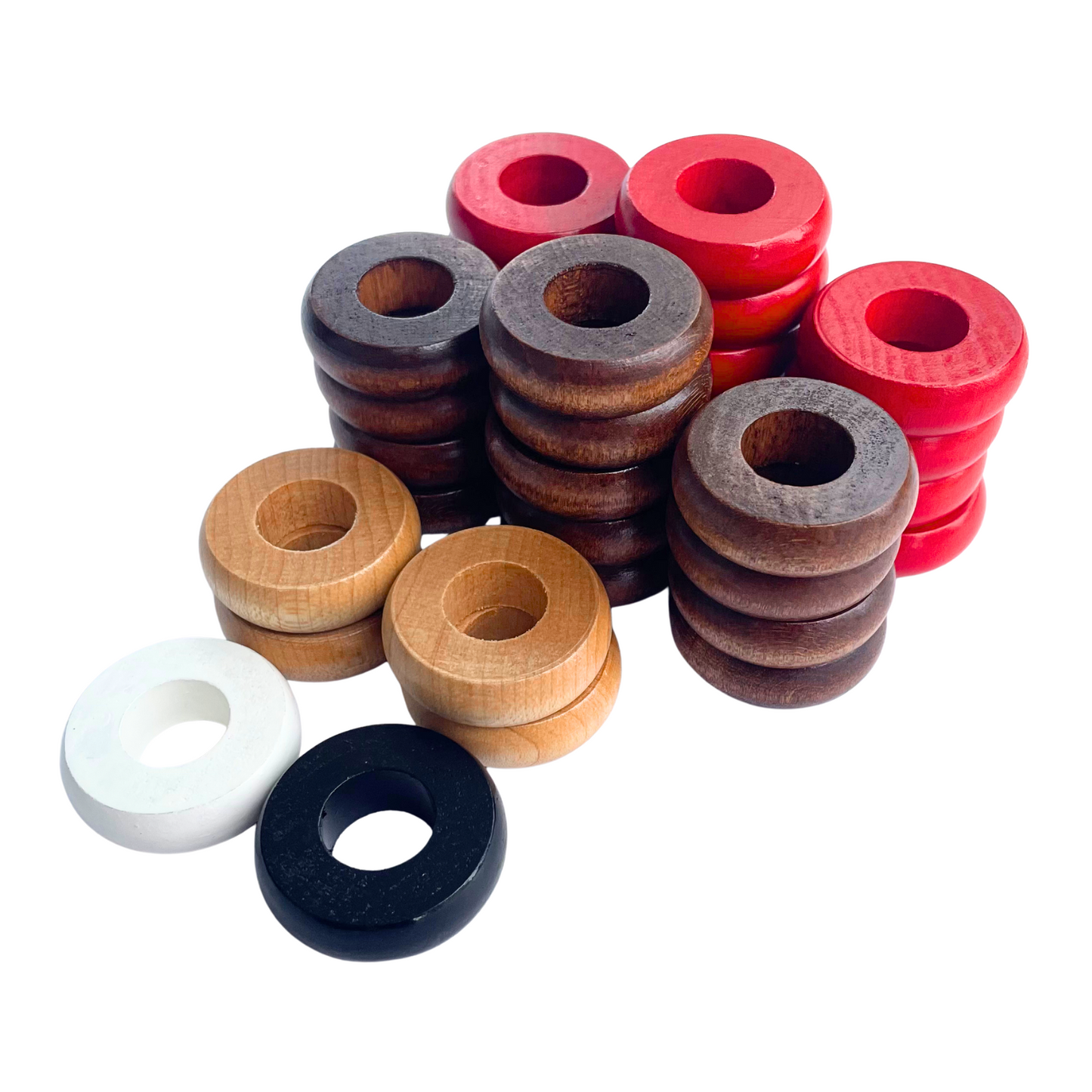 32 Red and Walnut Carrom / Pichenotte Rings - (Red / Walnut / Natural / Black / White) - Anneaux De Pichenottes - Game Accessories / Accessoires De Jeu