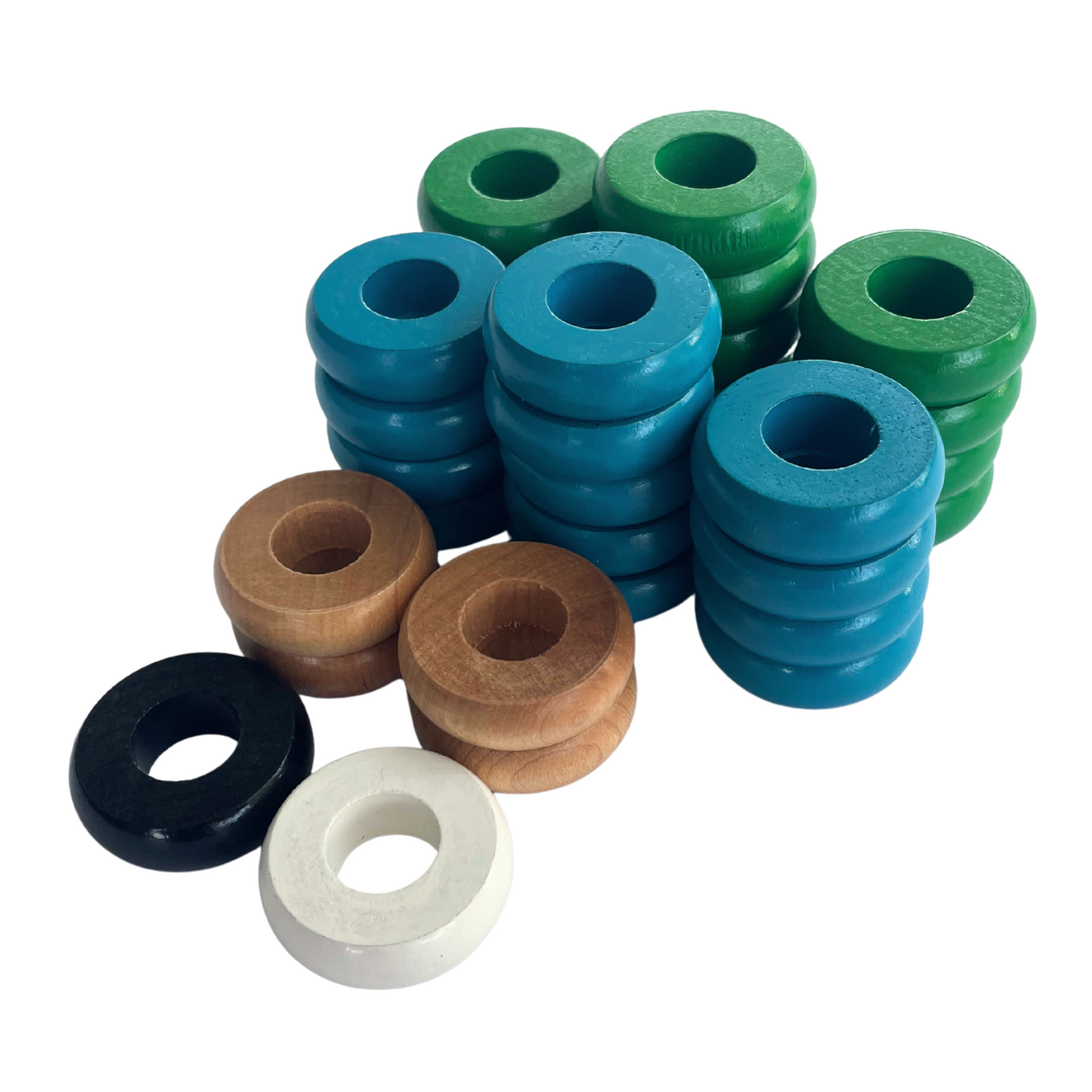 32 Green and Light Blue Carrom / Pichenotte Rings - (Green / Light Blue / Natural / Black / White) - Anneaux De Pichenottes - Game Accessories / Accessoires De Jeu