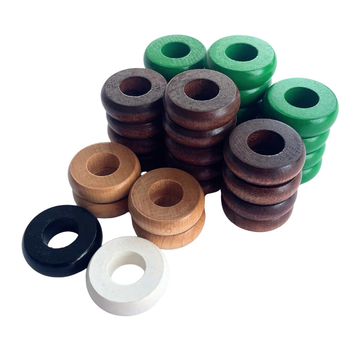 32 Green and Walnut Carrom / Pichenotte Rings - (Green / Walnut / Natural / Black / White) - Anneaux De Pichenottes - Game Accessories / Accessoires De Jeu