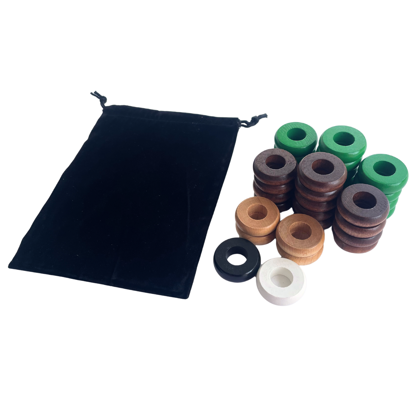 32 Green and Walnut Carrom / Pichenotte Rings - (Green / Walnut / Natural / Black / White) - Anneaux De Pichenottes - Game Accessories / Accessoires De Jeu