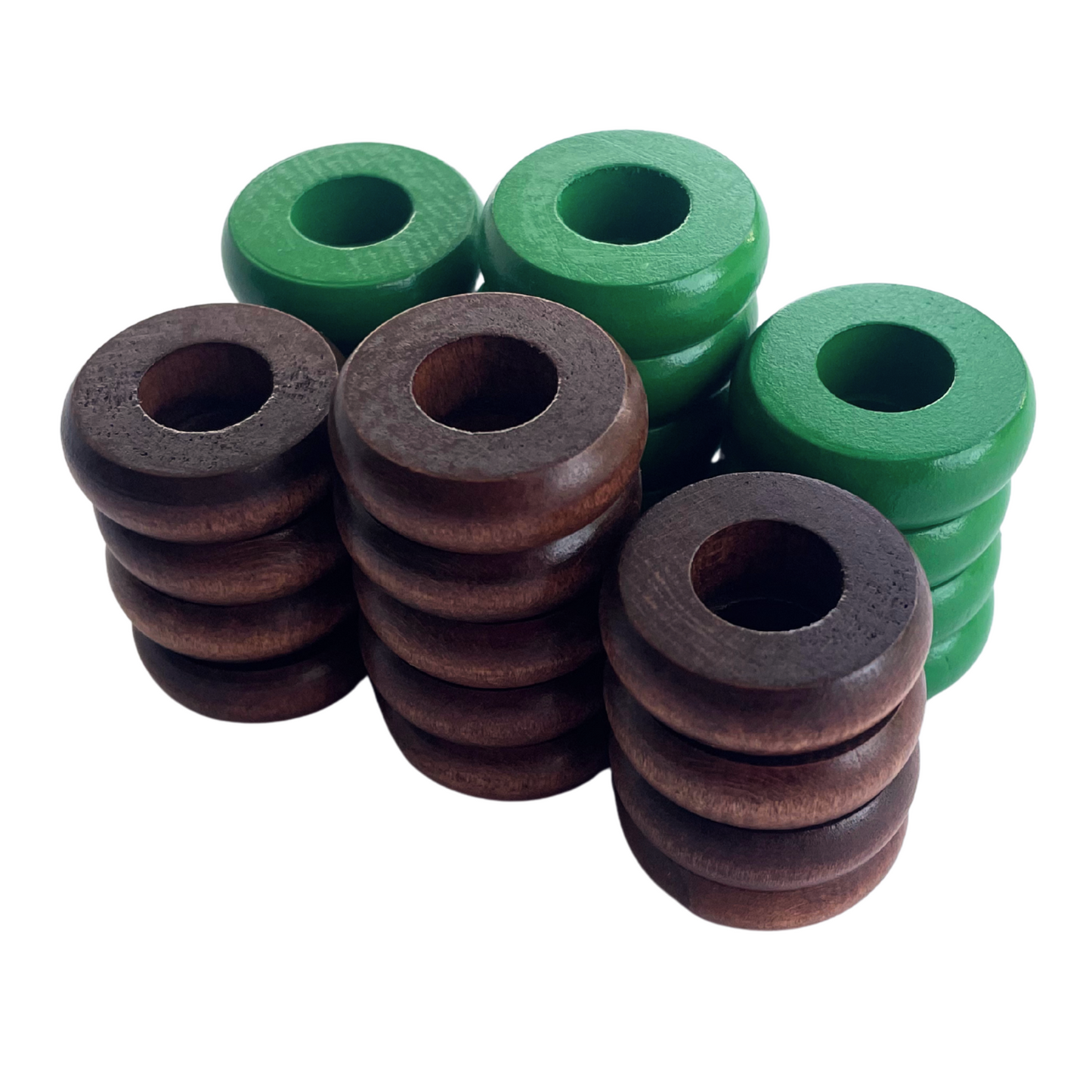 32 Green and Walnut Carrom / Pichenotte Rings - (Green / Walnut / Natural / Black / White) - Anneaux De Pichenottes - Game Accessories / Accessoires De Jeu