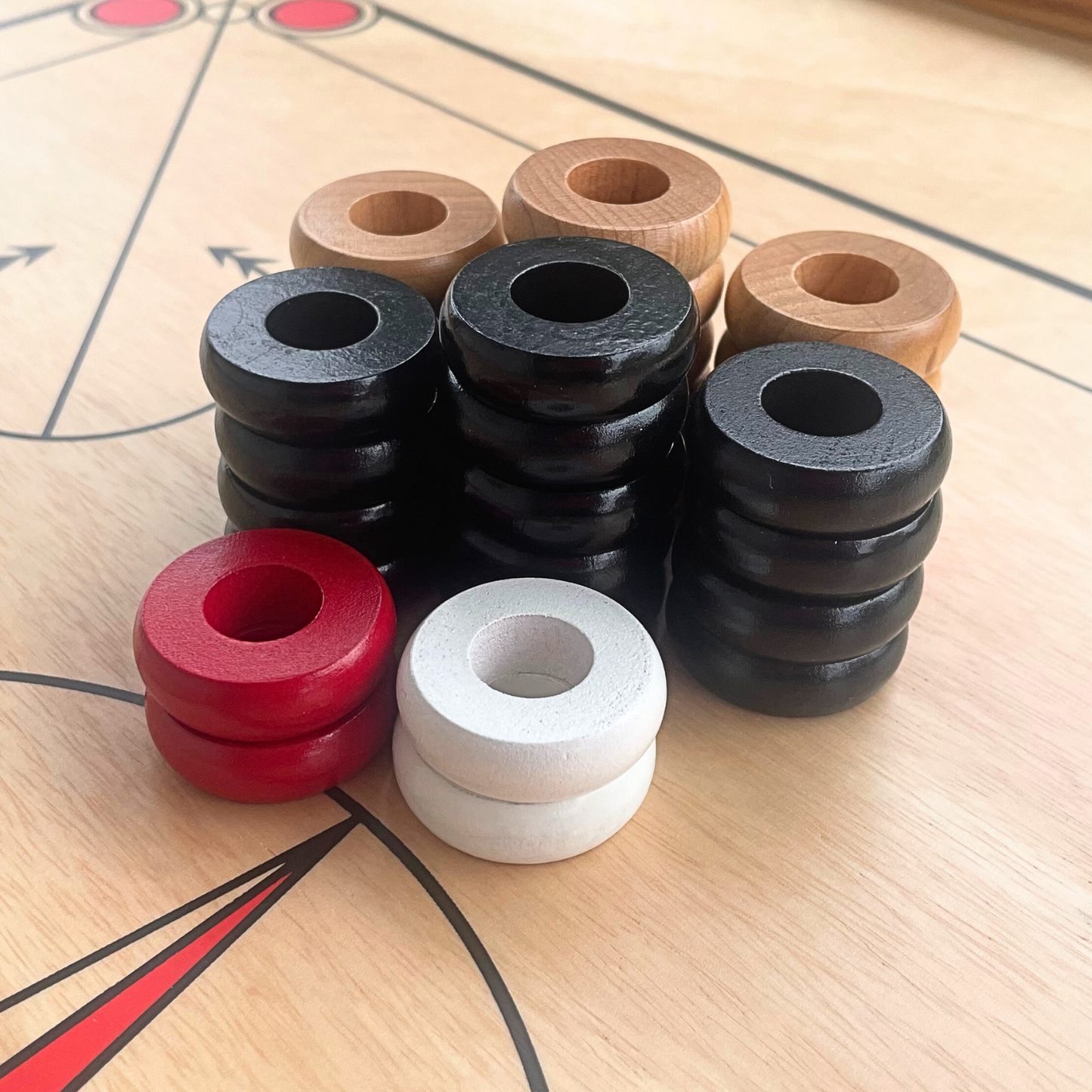 30 Traditional Carrom Board Game Coins (13 Black Coins / 13 Natural Coins / 2 Red Queens / 2 White Strikers)