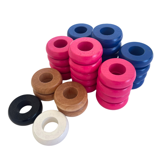 32 Blue and Pink Carrom / Pichenotte Rings - (Blue / Pink / Natural / Black / White) - Anneaux De Pichenottes - Game Accessories / Accessoires De Jeu - Carrom Canada