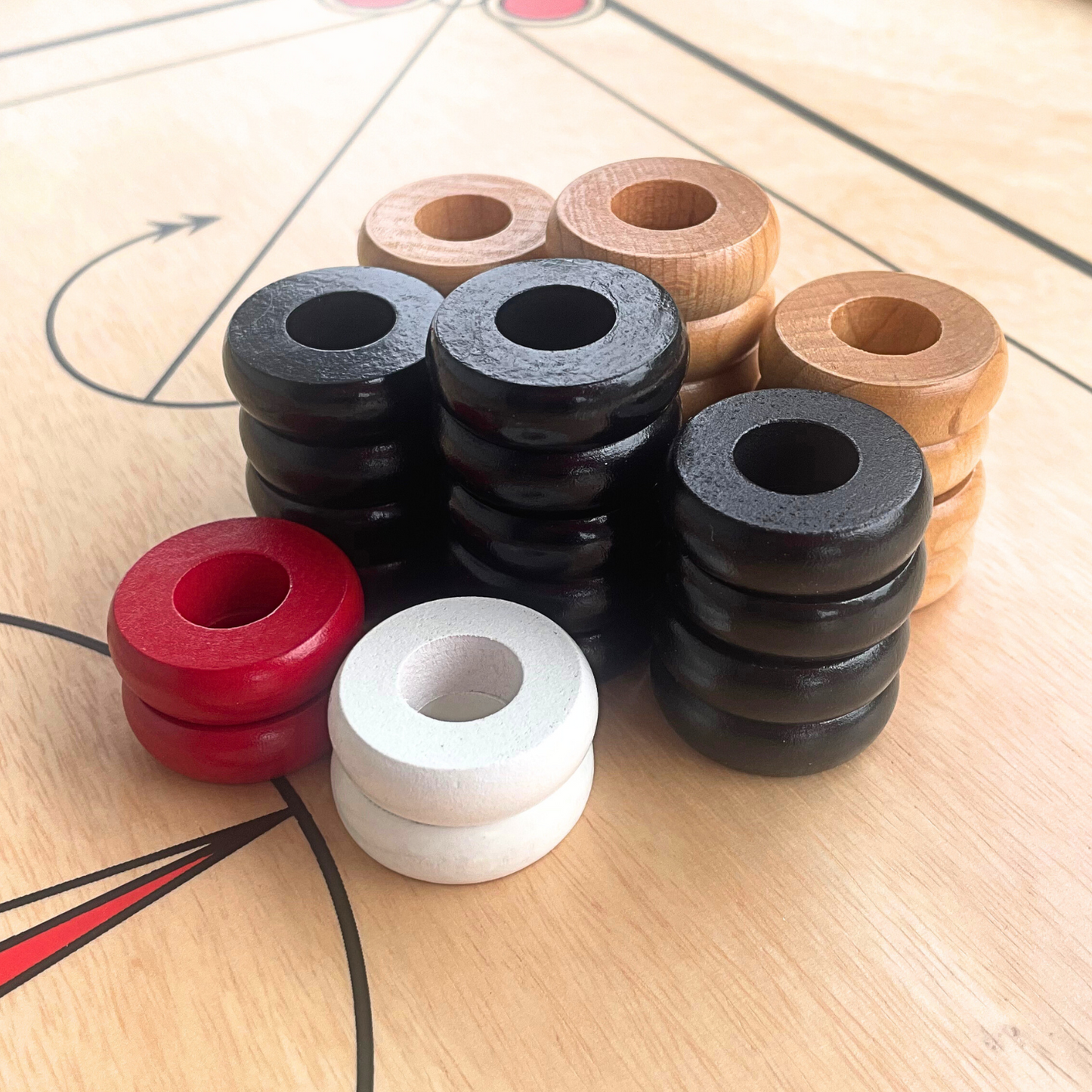 30 Traditional Carrom Board Game Coins (13 Black Coins / 13 Natural Coins / 2 Red Queens / 2 White Strikers)