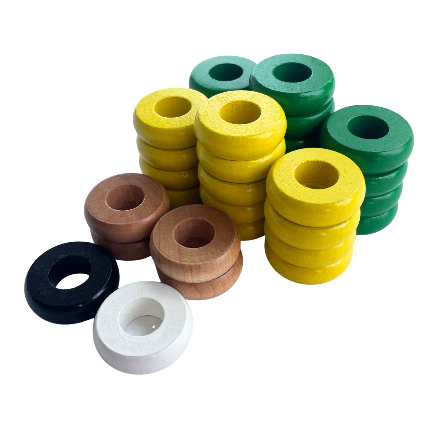 32 Green and Yellow Carrom / Pichenotte Rings - (Green / Yellow / Natural / Black / White) - Anneaux De Pichenottes - Game Accessories / Accessoires De Jeu