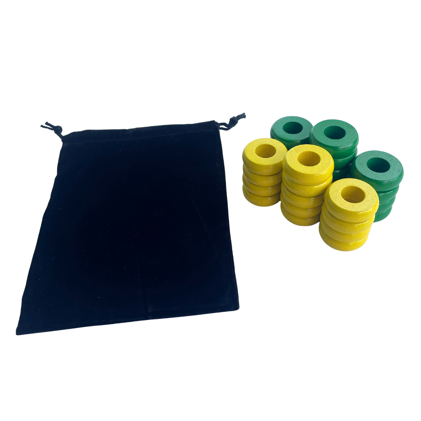 32 Green and Yellow Carrom / Pichenotte Rings - (Green / Yellow / Natural / Black / White) - Anneaux De Pichenottes - Game Accessories / Accessoires De Jeu