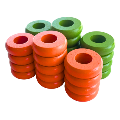 32 Orange and Lime Green Carrom / Pichenotte Rings - (Orange / Lime Green / Natural / Black / White) - Anneaux De Pichenottes - Game Accessories / Accessoires De Jeu