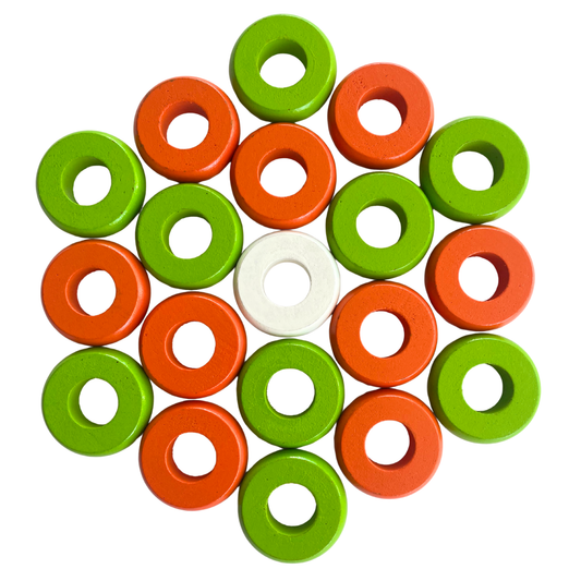 32 Orange and Lime Green Carrom / Pichenotte Rings - (Orange / Lime Green / Natural / Black / White) - Anneaux De Pichenottes - Game Accessories / Accessoires De Jeu