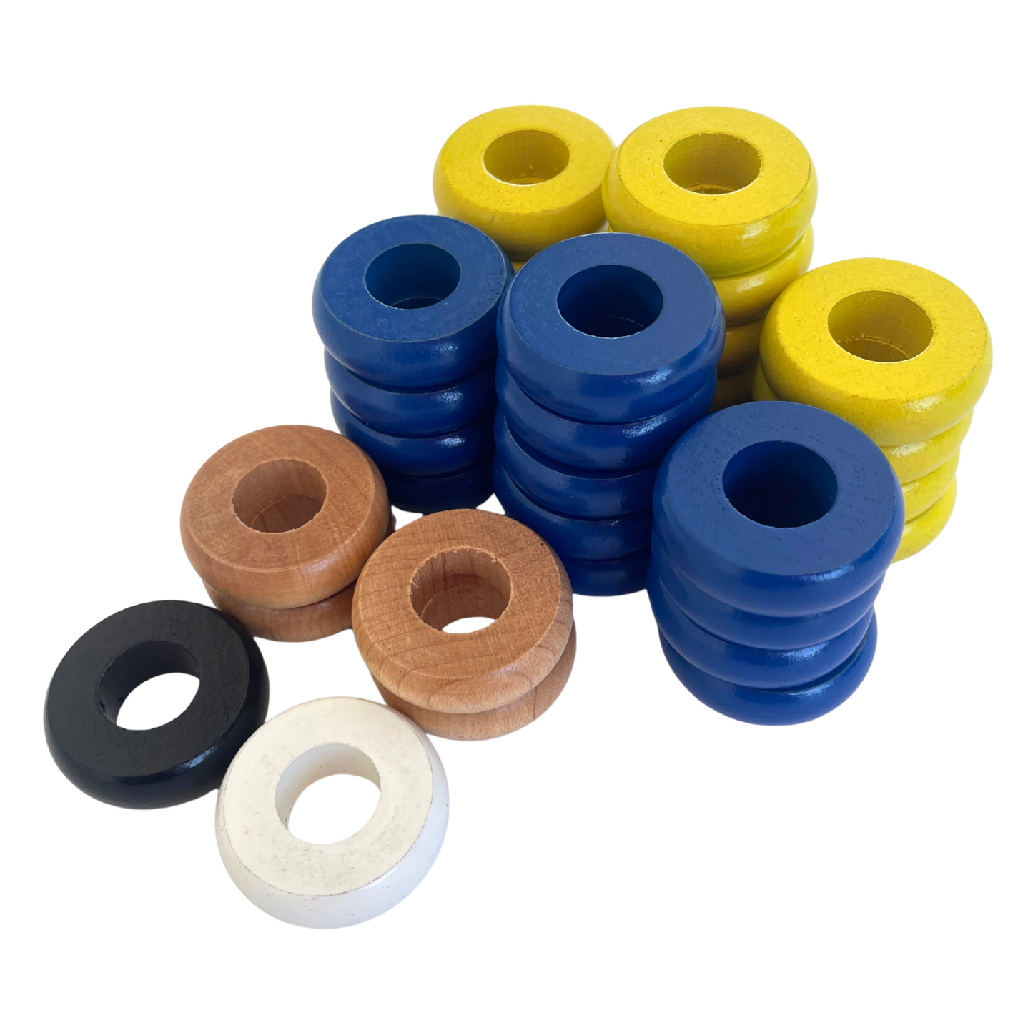 32 Blue and Yellow Carrom / Pichenotte Rings - (Blue / Yellow / Natural / Black / White) - Anneaux De Pichenottes - Game Accessories / Accessoires De Jeu