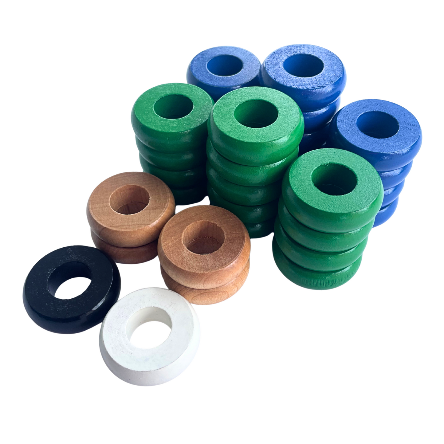 32 Green and Blue Carrom / Pichenotte Rings - (Green / Blue / Natural / Black / White) - Anneaux De Pichenottes - Game Accessories / Accessoires De Jeu