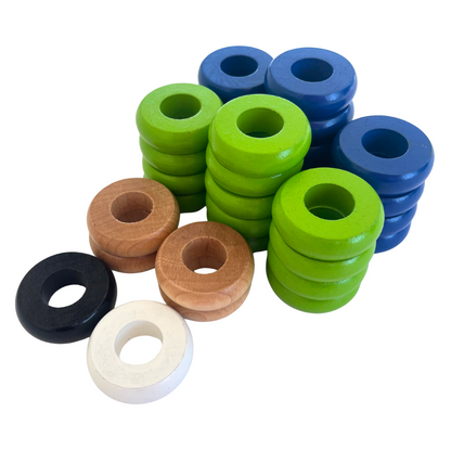 32 Blue and Lime Green Carrom / Pichenotte Rings - (Blue / Lime Green / Natural / Black / White) - Anneaux De Pichenottes - Game Accessories / Accessoires De Jeu
