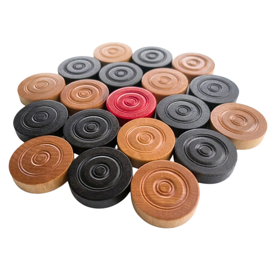 22 Traditional Carrom Board Game Men (10 Black / 10 Natural / 2 Red Queens)