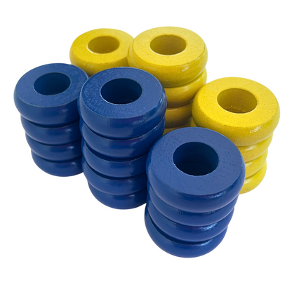 32 Blue and Yellow Carrom / Pichenotte Rings - (Blue / Yellow / Natural / Black / White) - Anneaux De Pichenottes - Game Accessories / Accessoires De Jeu