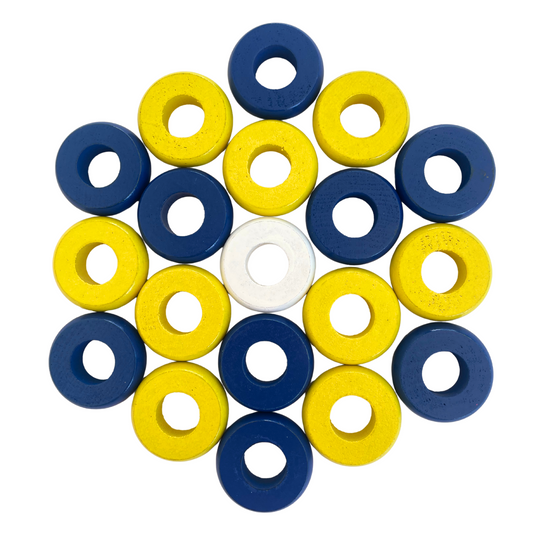 32 Blue and Yellow Carrom / Pichenotte Rings - (Blue / Yellow / Natural / Black / White) - Anneaux De Pichenottes - Game Accessories / Accessoires De Jeu