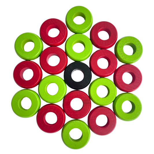 32 Red and Lime Green Carrom / Pichenotte Rings - (Red / Lime Green / Natural / Black / White) - Anneaux De Pichenottes - Game Accessories / Accessoires De Jeu