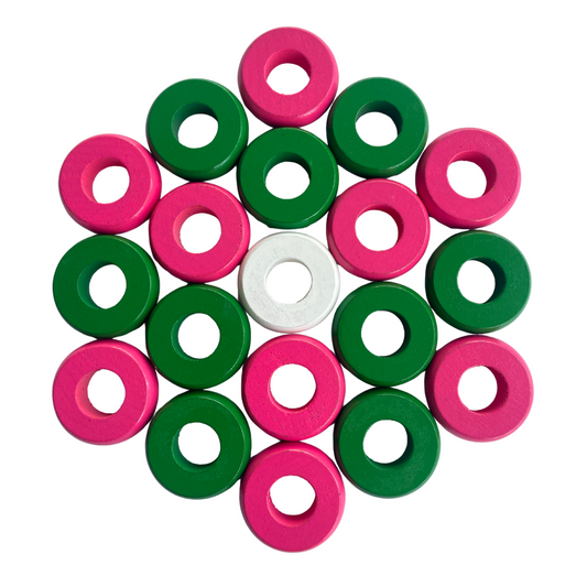 32 Green and Pink Carrom / Pichenotte Rings - (Green / Pink / Natural / Black / White) - Anneaux De Pichenottes - Game Accessories / Accessoires De Jeu