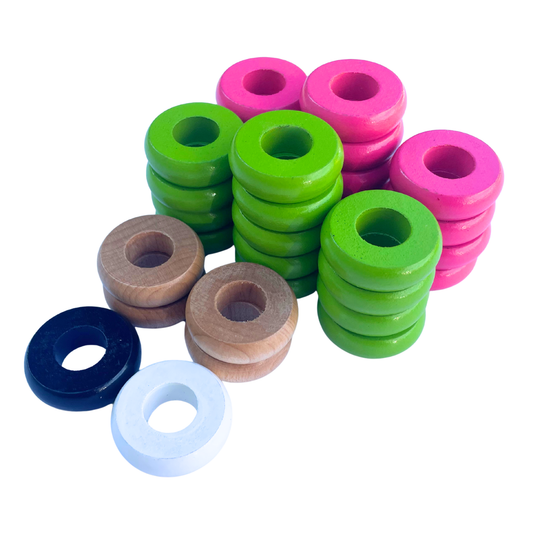 32 Pink and Lime Green Carrom / Pichenotte Rings - (Pink / Lime Green / Natural / Black / White) - Anneaux De Pichenottes - Game Accessories / Accessoires De Jeu - Carrom Canada
