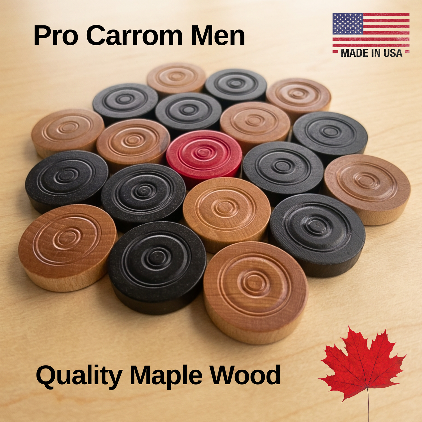 22 Traditional Carrom Board Game Men (10 Black Men / 10 Natural Men / 2 Red Queens)