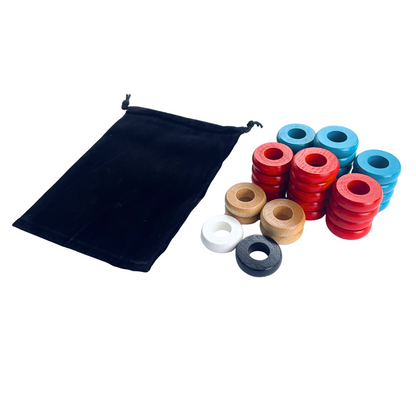 32 Red and Light Blue Carrom / Pichenotte Rings - (Red / Light Blue / Natural / Black / White) - Anneaux De Pichenottes - Game Accessories / Accessoires De Jeu