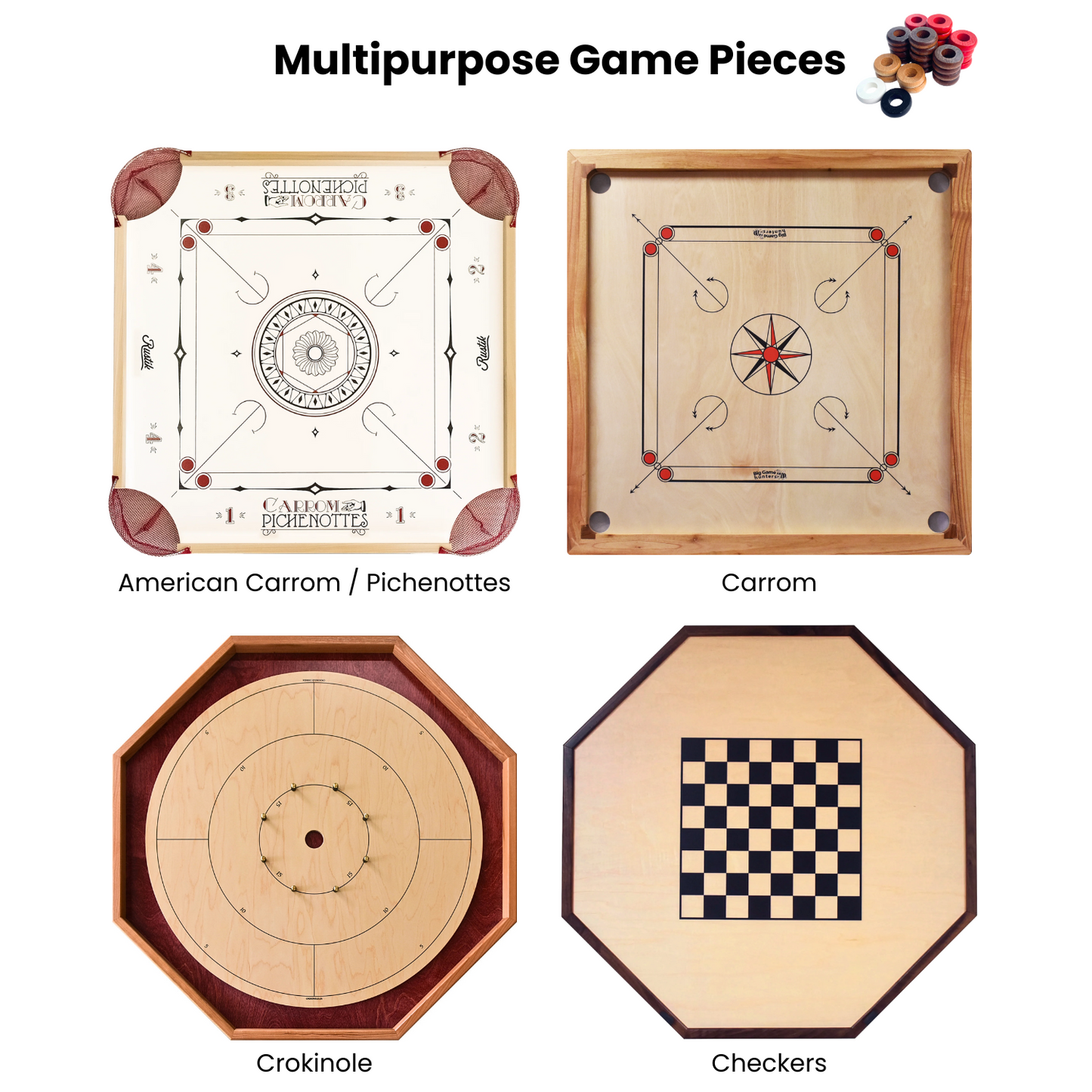 32 Red and Walnut Carrom / Pichenotte Rings - (Red / Walnut / Natural / Black / White) - Anneaux De Pichenottes - Game Accessories / Accessoires De Jeu