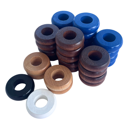 32 Blue and Walnut Carrom / Pichenotte Rings - (Blue / Walnut / Natural / Black / White) - Anneaux De Pichenottes - Game Accessories / Accessoires De Jeu