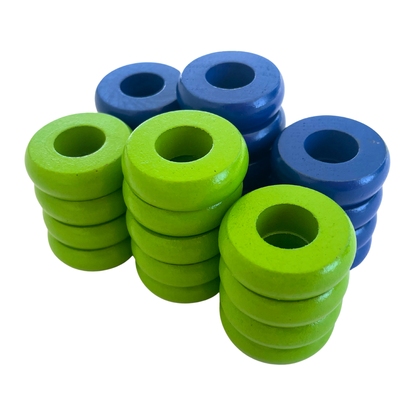 32 Blue and Lime Green Carrom / Pichenotte Rings - (Blue / Lime Green / Natural / Black / White) - Anneaux De Pichenottes - Game Accessories / Accessoires De Jeu