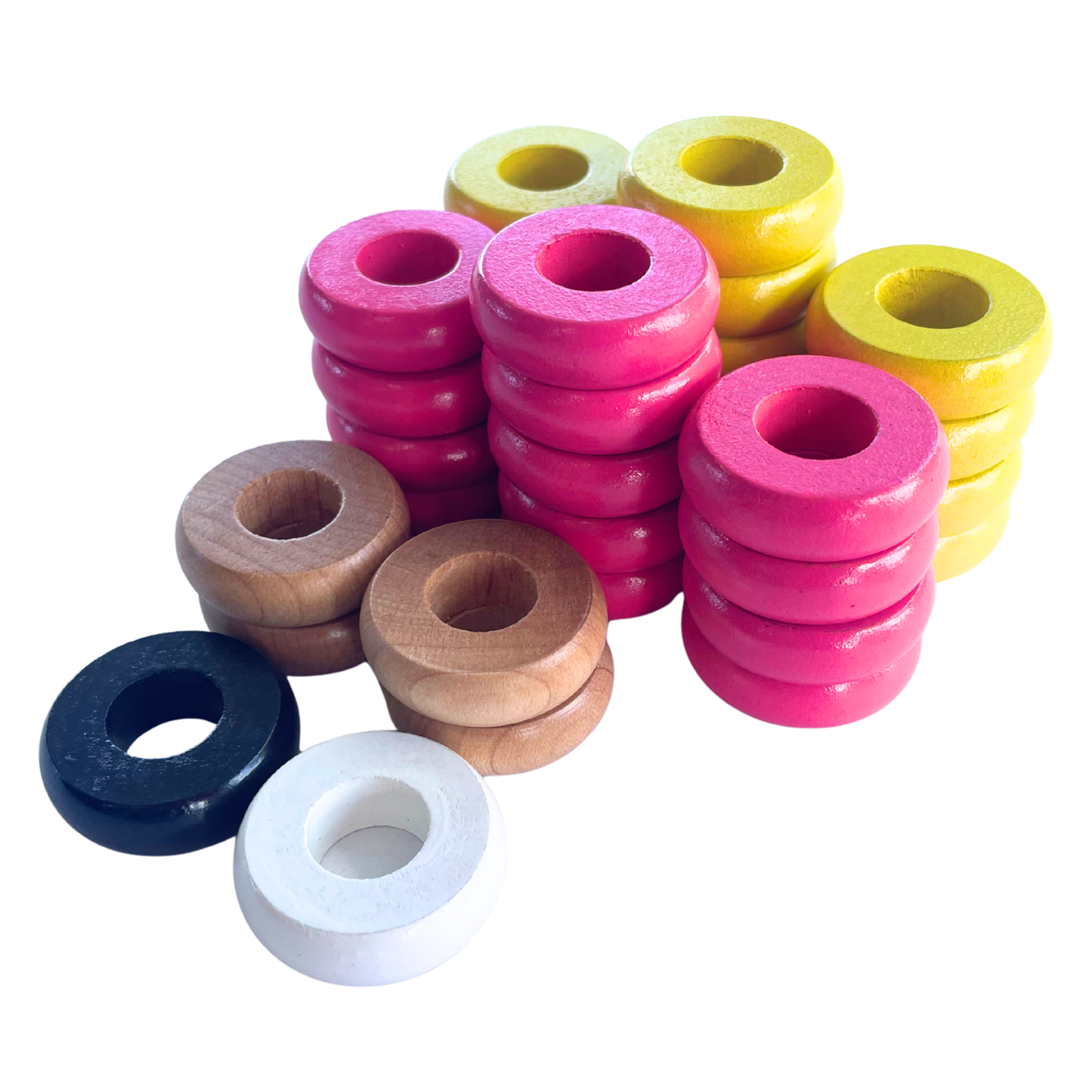 32 Yellow and Pink Carrom / Pichenotte Rings - (Yellow / Pink / Natural / Black / White) - Anneaux De Pichenottes - Game Accessories / Accessoires De Jeu