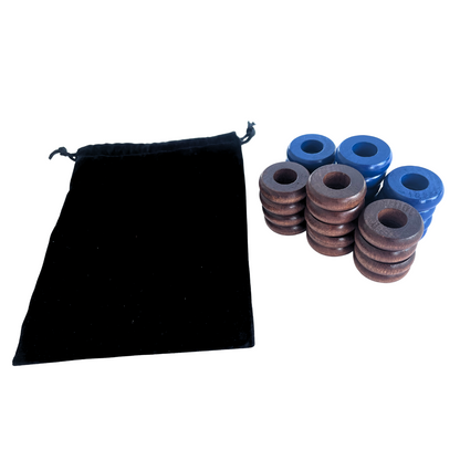 32 Blue and Walnut Carrom / Pichenotte Rings - (Blue / Walnut / Natural / Black / White) - Anneaux De Pichenottes - Game Accessories / Accessoires De Jeu