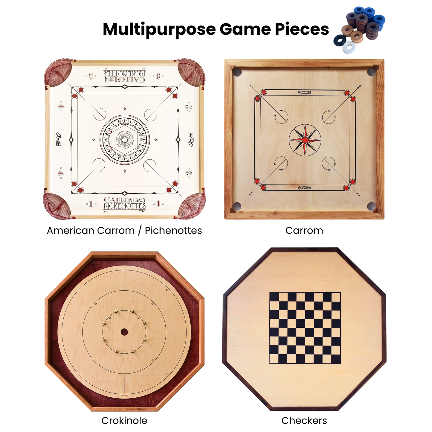 32 Blue and Walnut Carrom / Pichenotte Rings - (Blue / Walnut / Natural / Black / White) - Anneaux De Pichenottes - Game Accessories / Accessoires De Jeu