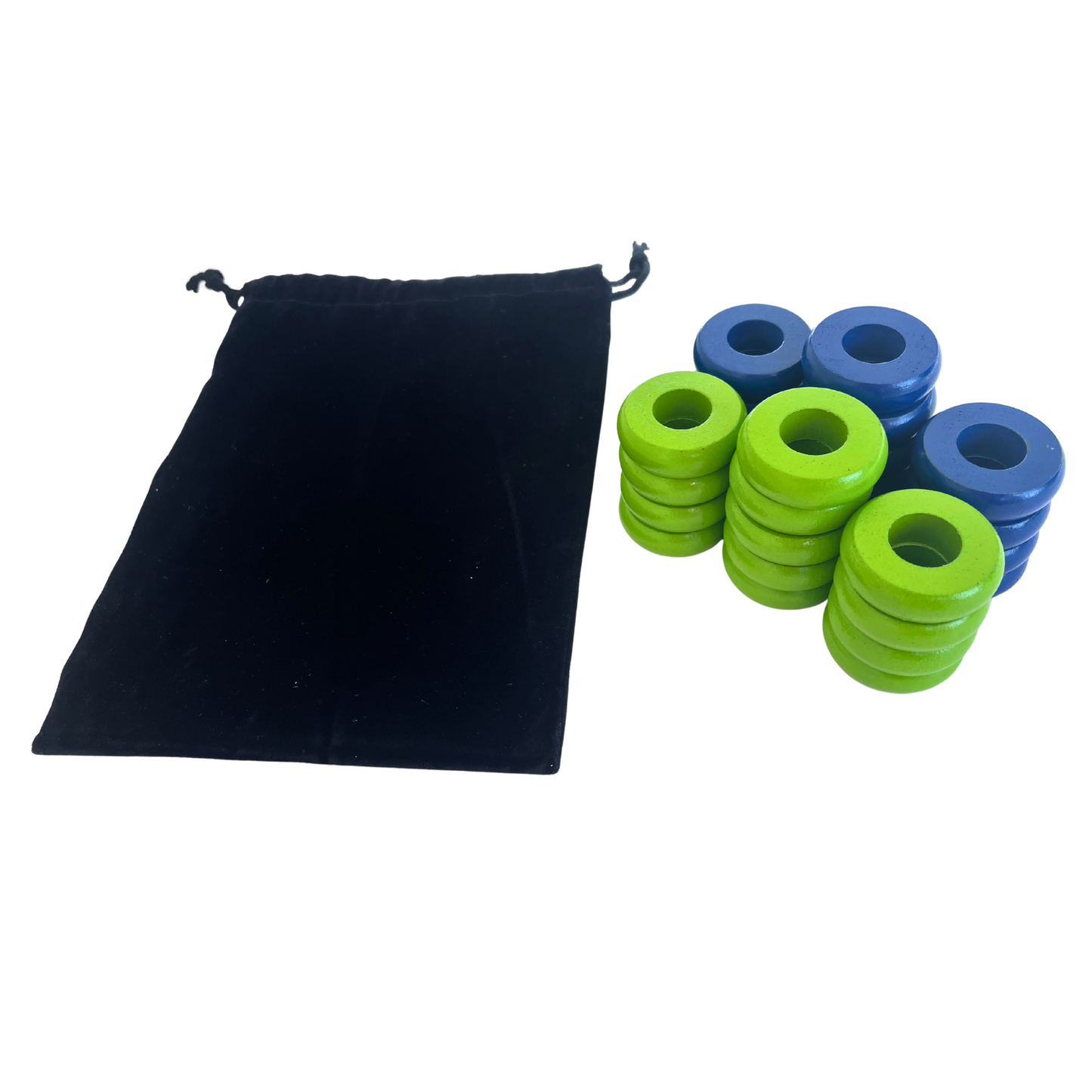 32 Blue and Lime Green Carrom / Pichenotte Rings - (Blue / Lime Green / Natural / Black / White) - Anneaux De Pichenottes - Game Accessories / Accessoires De Jeu