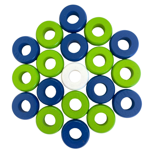32 Blue and Lime Green Carrom / Pichenotte Rings - (Blue / Lime Green / Natural / Black / White) - Anneaux De Pichenottes - Game Accessories / Accessoires De Jeu