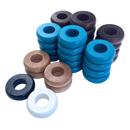 32 Light Blue and Walnut Carrom / Pichenotte Rings - (Light Blue / Walnut / Natural / Black / White) - Anneaux De Pichenottes - Game Accessories / Accessoires De Jeu