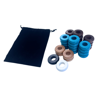 32 Light Blue and Walnut Carrom / Pichenotte Rings - (Light Blue / Walnut / Natural / Black / White) - Anneaux De Pichenottes - Game Accessories / Accessoires De Jeu