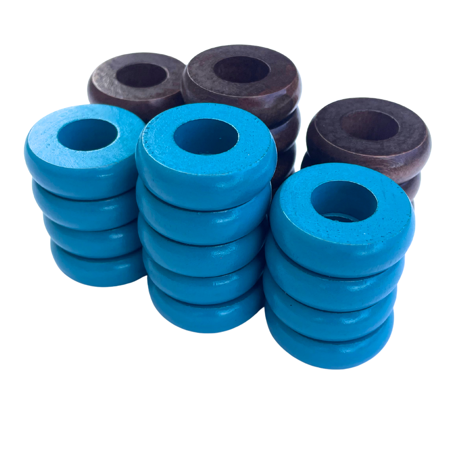 32 Light Blue and Walnut Carrom / Pichenotte Rings - (Light Blue / Walnut / Natural / Black / White) - Anneaux De Pichenottes - Game Accessories / Accessoires De Jeu