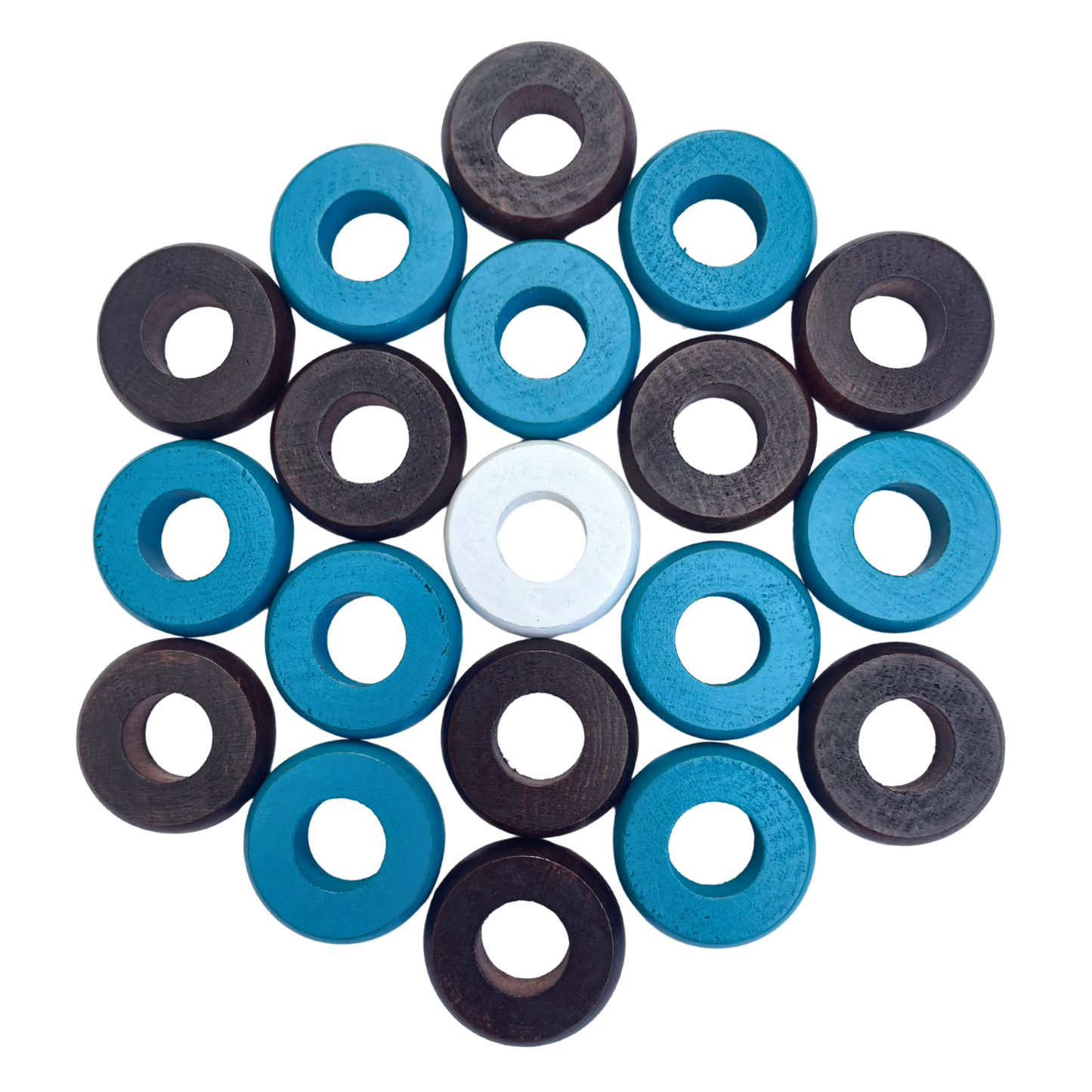 32 Light Blue and Walnut Carrom / Pichenotte Rings - (Light Blue / Walnut / Natural / Black / White) - Anneaux De Pichenottes - Game Accessories / Accessoires De Jeu