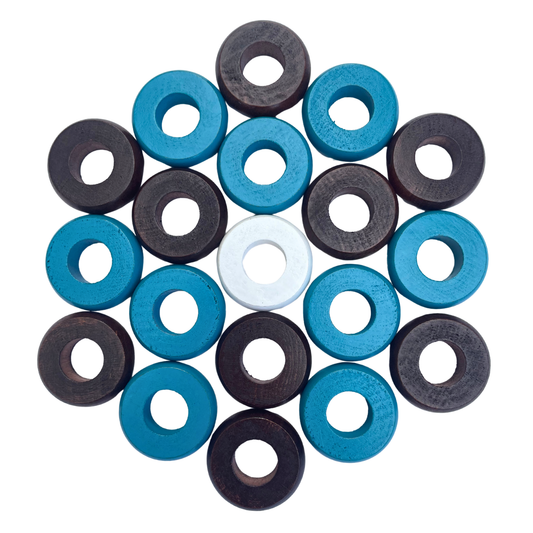 32 Light Blue and Walnut Carrom / Pichenotte Rings - (Light Blue / Walnut / Natural / Black / White) - Anneaux De Pichenottes - Game Accessories / Accessoires De Jeu
