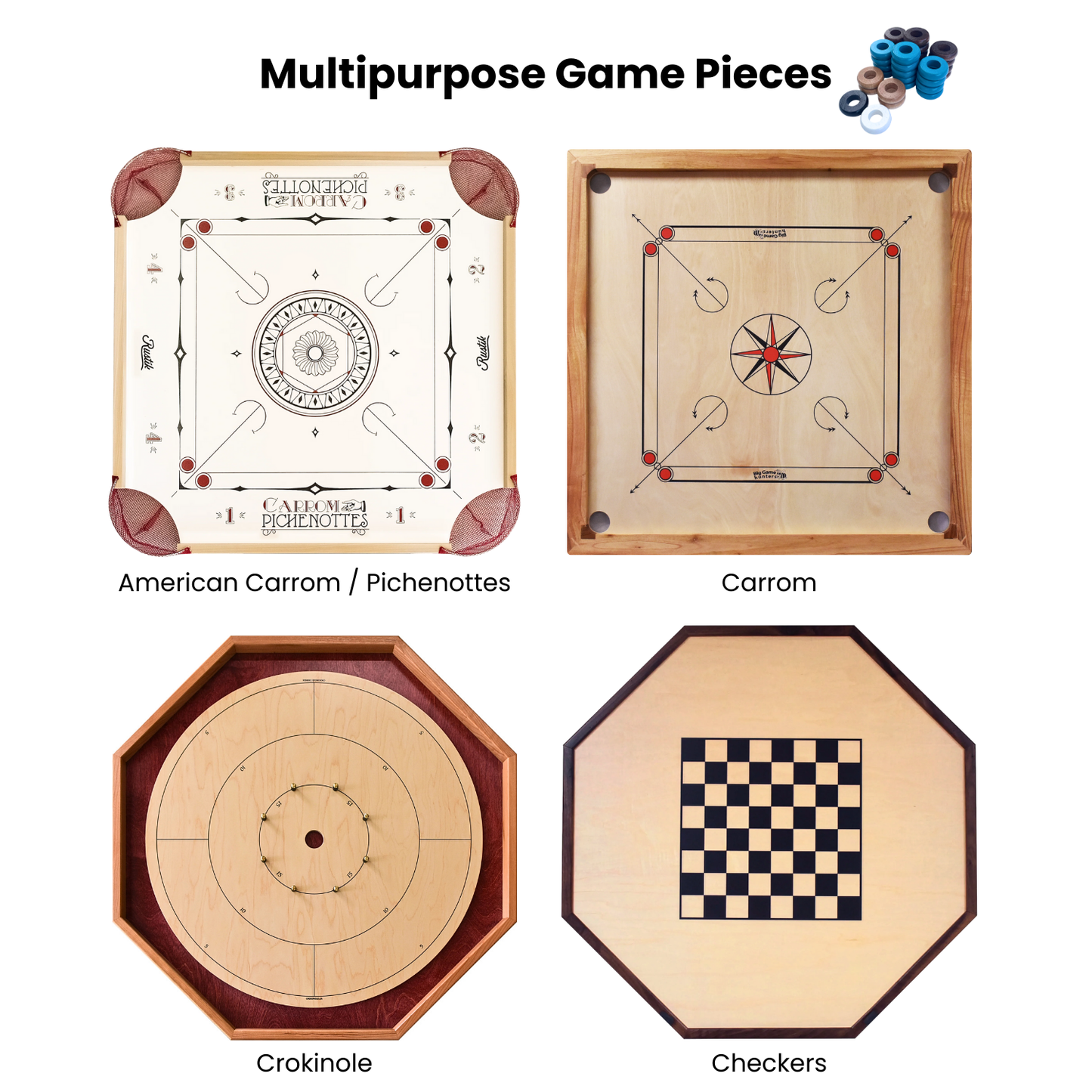 32 Light Blue and Walnut Carrom / Pichenotte Rings - (Light Blue / Walnut / Natural / Black / White) - Anneaux De Pichenottes - Game Accessories / Accessoires De Jeu