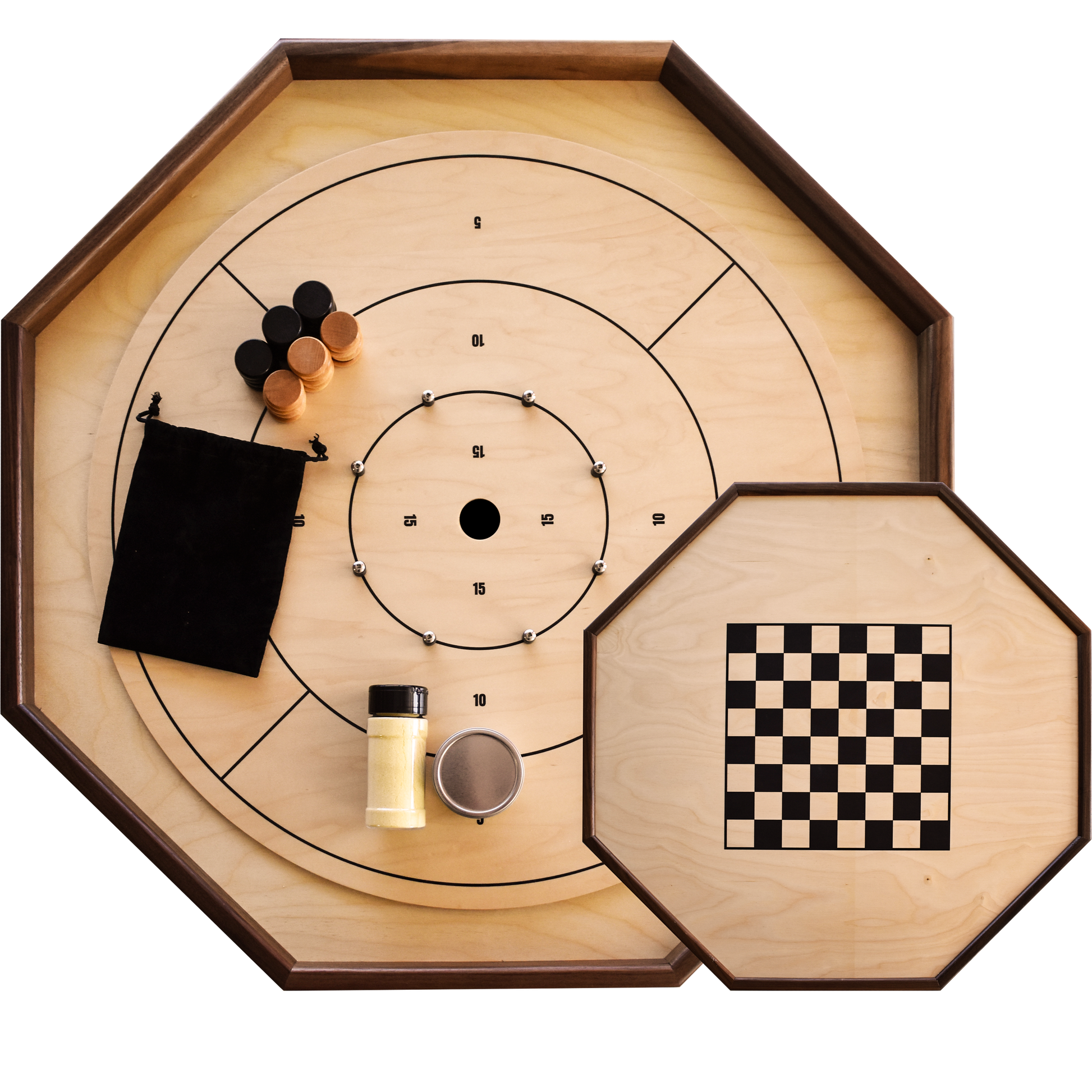 The Deluxe (Walnut Rail) - Traditional Crokinole Board Game Set - Carrom Canada